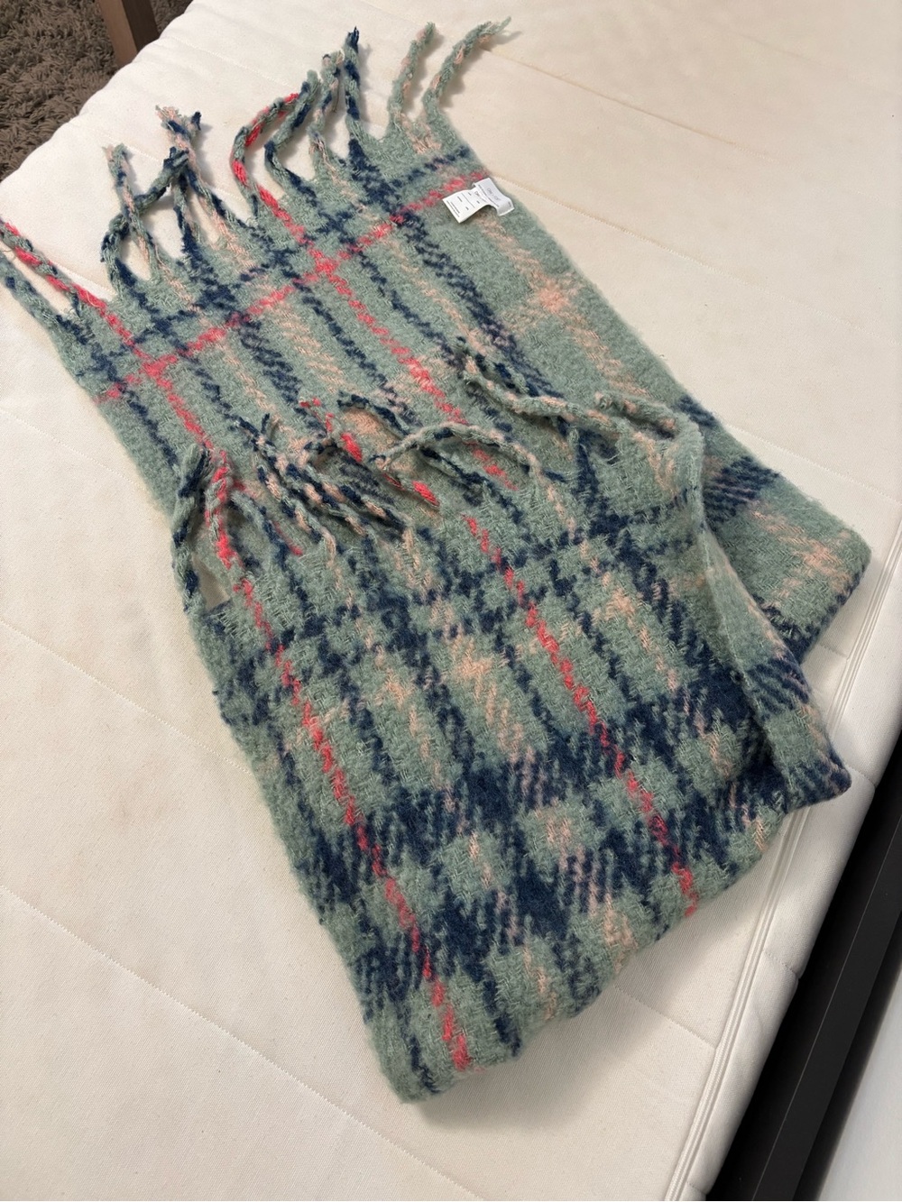 OAK + FORT Mint Plaid Fringed Knit Scarf with Navy & Coral Accents
